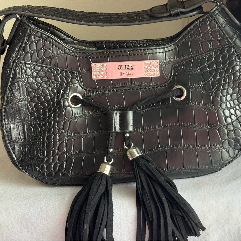 Guess Black Croc-Embossed Shoulder Bag with Tassels